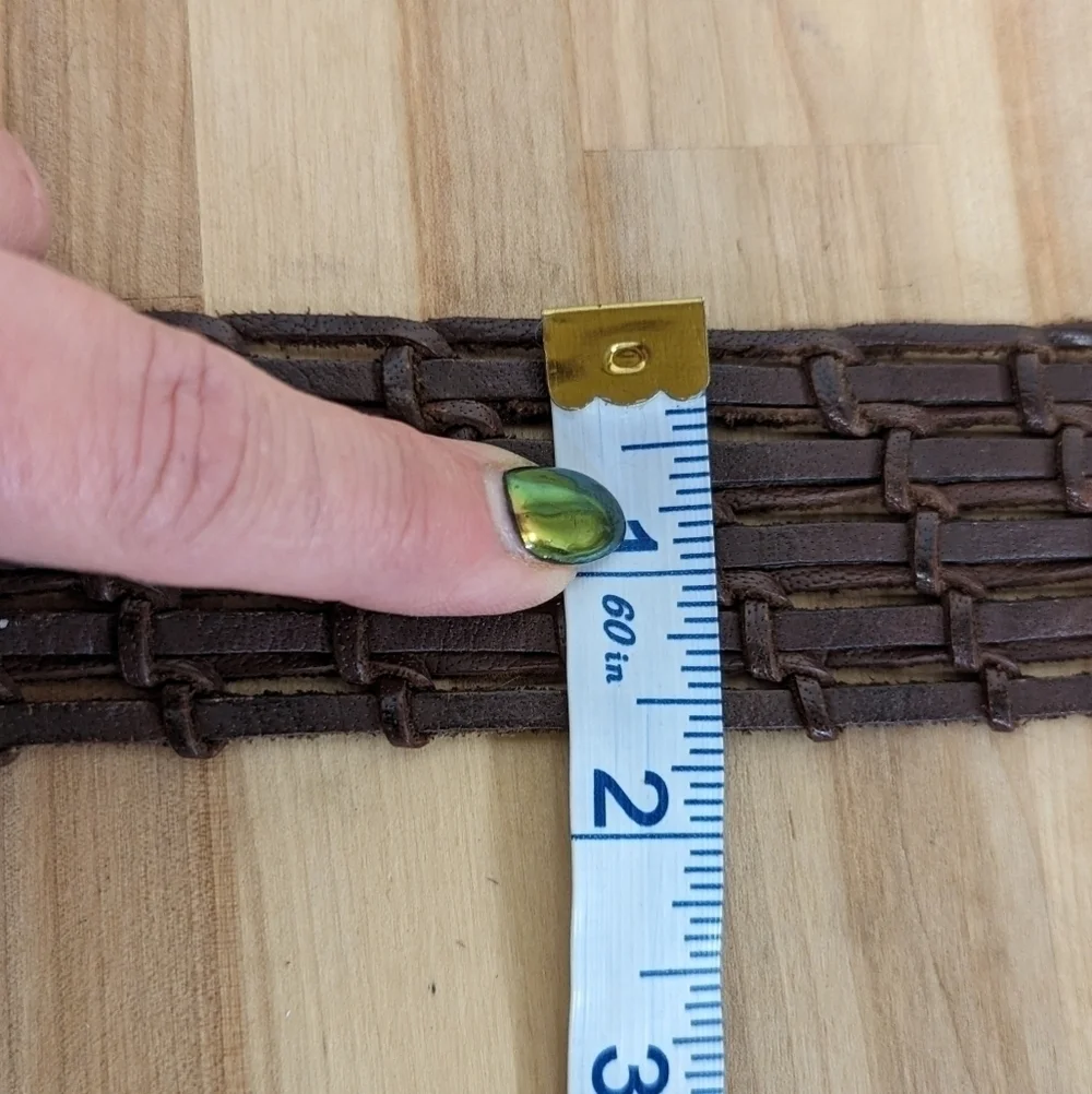 Vintage Wide Braided Brown Leather Belt with Nickel Buckle L